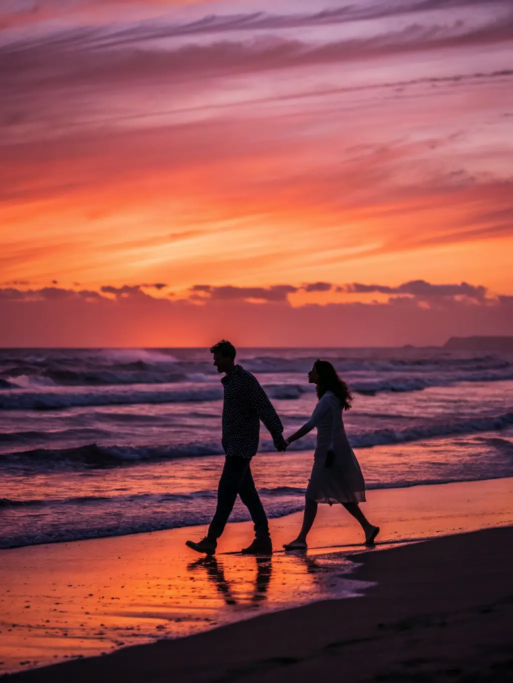 A mature couple smiling and holding hands while walking along a beach in the UK, representing a happy and secure retirement.