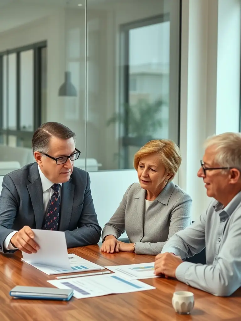 A financial advisor meeting with a client in a modern office setting, discussing retirement plans.